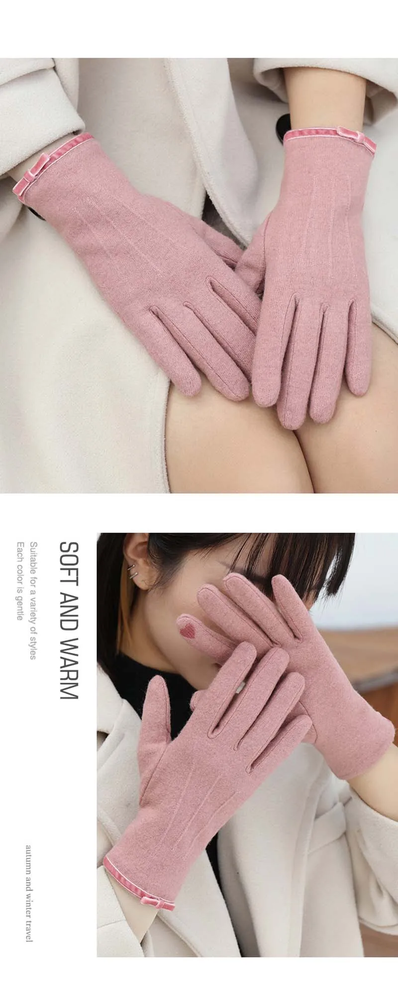 Korean Women's Touch Screen Warm Cashmere Gloves Autumn Winter Outdoor Riding Driving Bow Wool Double Layer Thicken Windproof