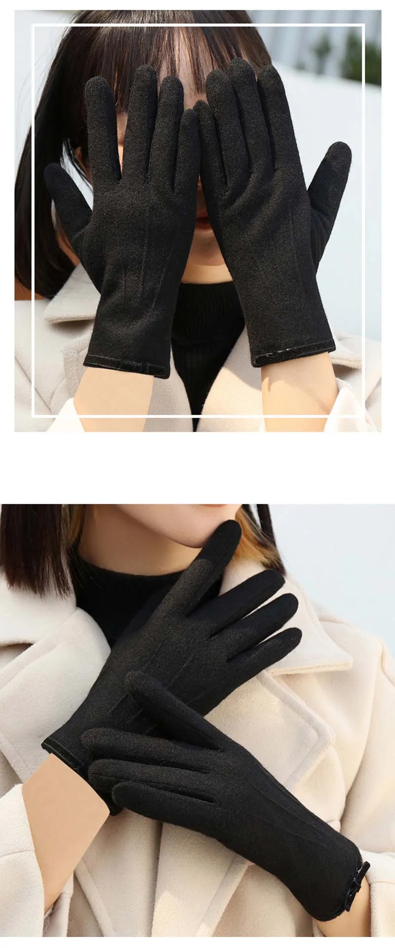 Korean Women's Touch Screen Warm Cashmere Gloves Autumn Winter Outdoor Riding Driving Bow Wool Double Layer Thicken Windproof