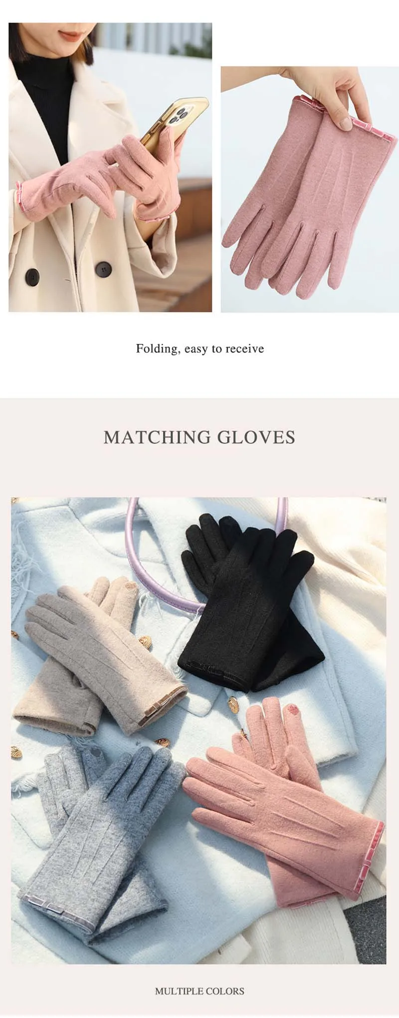 Korean Women's Touch Screen Warm Cashmere Gloves Autumn Winter Outdoor Riding Driving Bow Wool Double Layer Thicken Windproof