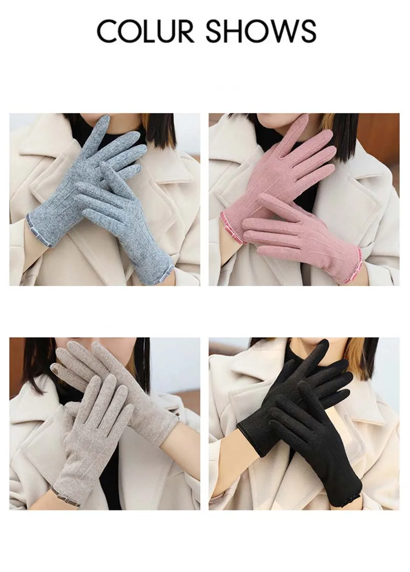 Korean Women's Touch Screen Warm Cashmere Gloves Autumn Winter Outdoor Riding Driving Bow Wool Double Layer Thicken Windproof