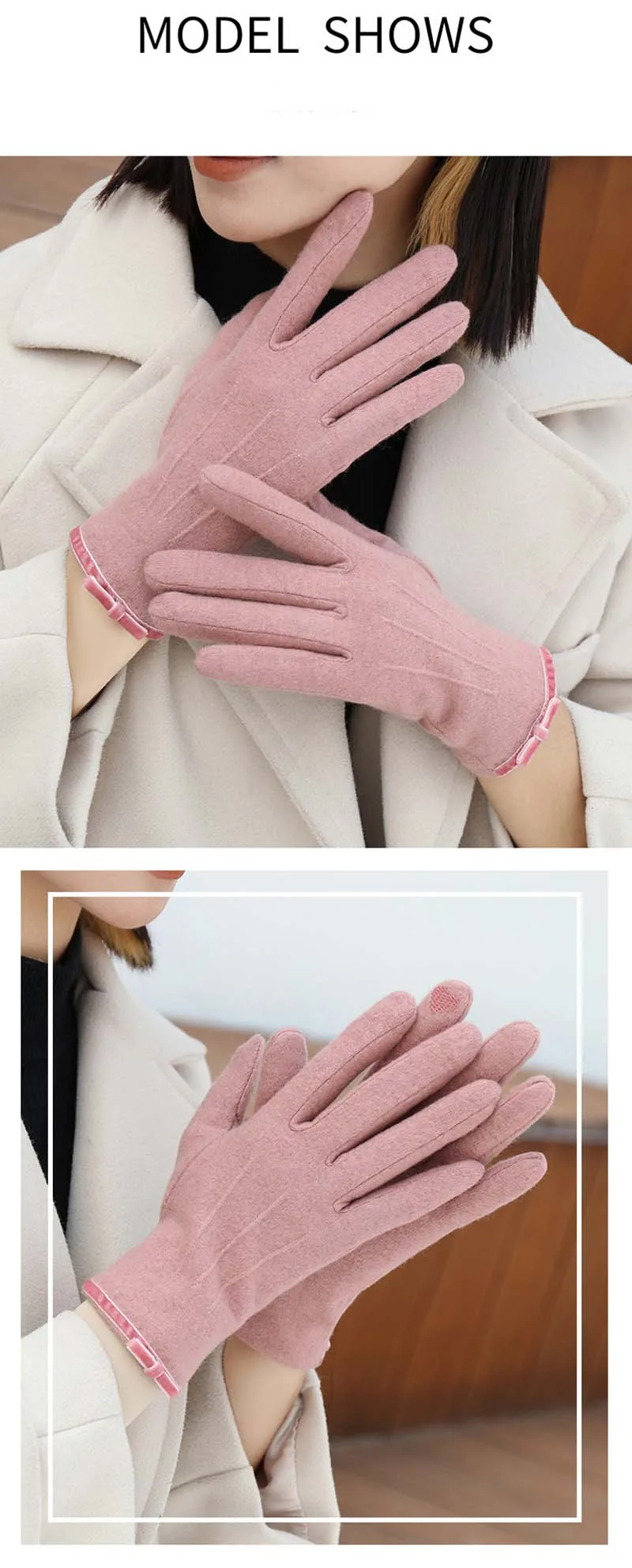 Korean Women's Touch Screen Warm Cashmere Gloves Autumn Winter Outdoor Riding Driving Bow Wool Double Layer Thicken Windproof