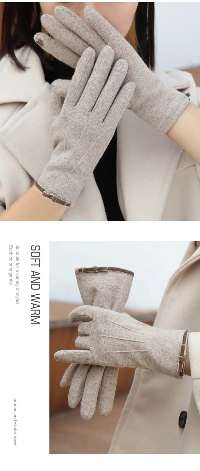Korean Women's Touch Screen Warm Cashmere Gloves Autumn Winter Outdoor Riding Driving Bow Wool Double Layer Thicken Windproof