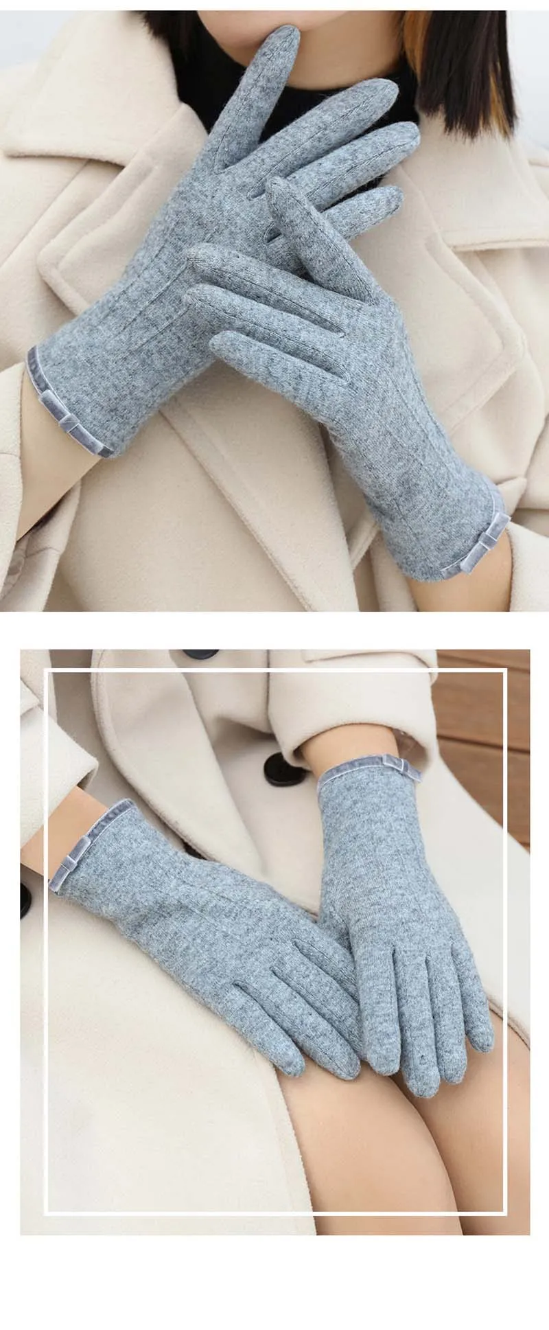 Korean Women's Touch Screen Warm Cashmere Gloves Autumn Winter Outdoor Riding Driving Bow Wool Double Layer Thicken Windproof