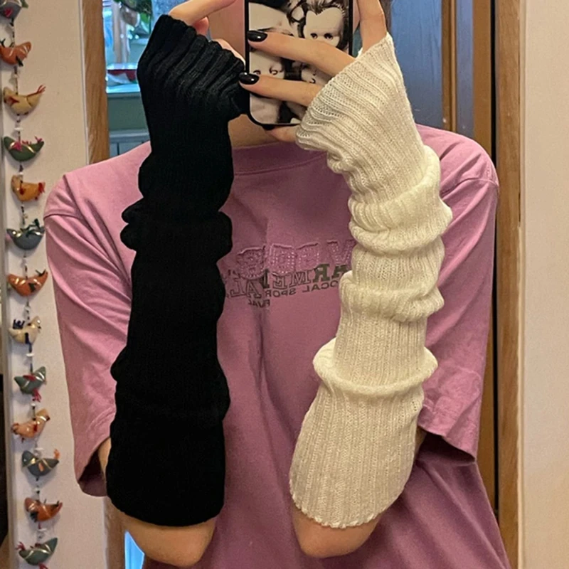 Y2K Fingerless Mittens Women Knitted Gloves Cosplay Anime Gloves Winter Arm Warmers Punk Gothic Harajuku Knit Mitten Arm Sleeves