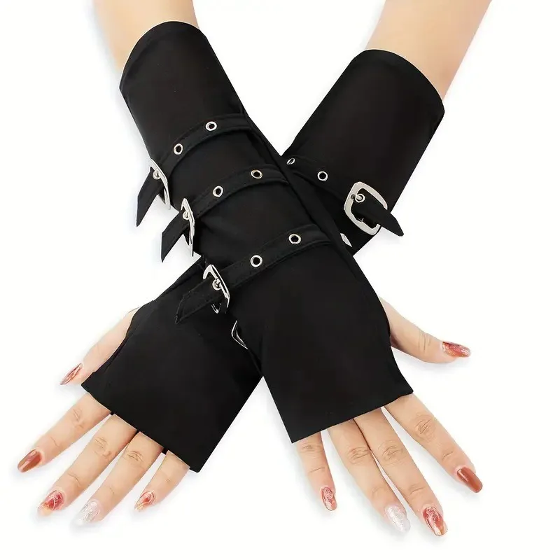 30cm Punk Girl Stage Performance Iron Buckle Fingerless Gloves Concert Lolita Women Black White Color Fashion Street Dance