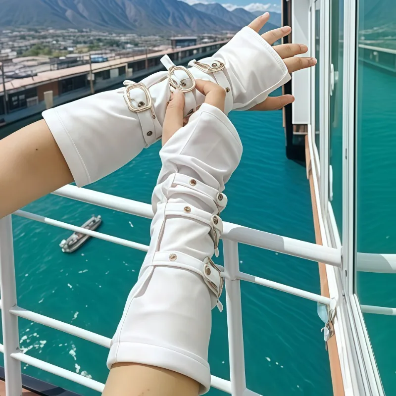 30cm Punk Girl Stage Performance Iron Buckle Fingerless Gloves Concert Lolita Women Black White Color Fashion Street Dance
