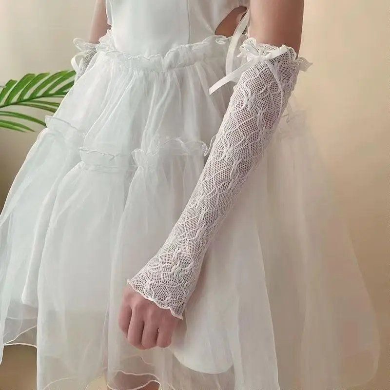 Lace Ruffle Y2k Gloves Fingerless Gloves Mittens JK Lolita Kawaii Women Mesh Fishnet Bowknot Black White Gloves UV Protection