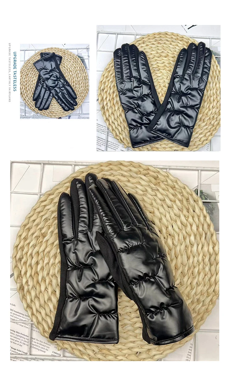 Winter Women Fashion Luxury Waterproof Keep Warm Touch Screen Down Cloth Suede Soft Splicing Gloves Elasticity Drive Cycling