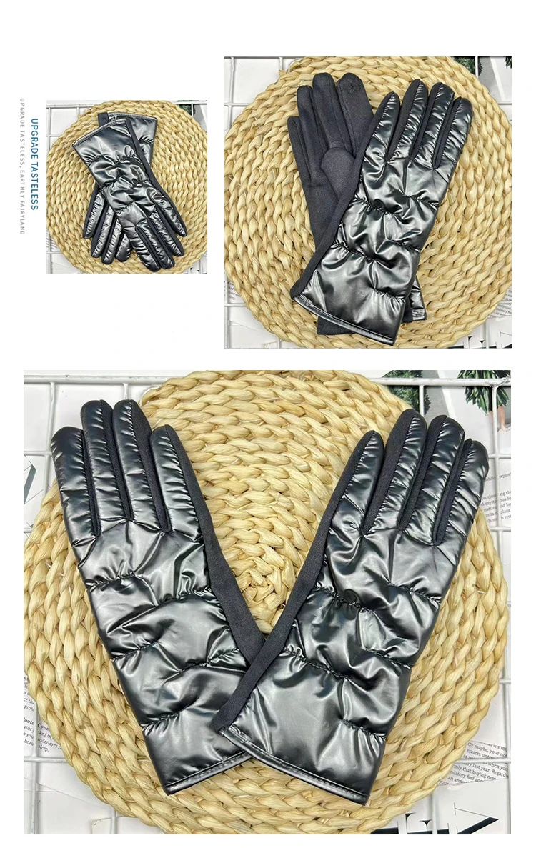 Winter Women Fashion Luxury Waterproof Keep Warm Touch Screen Down Cloth Suede Soft Splicing Gloves Elasticity Drive Cycling