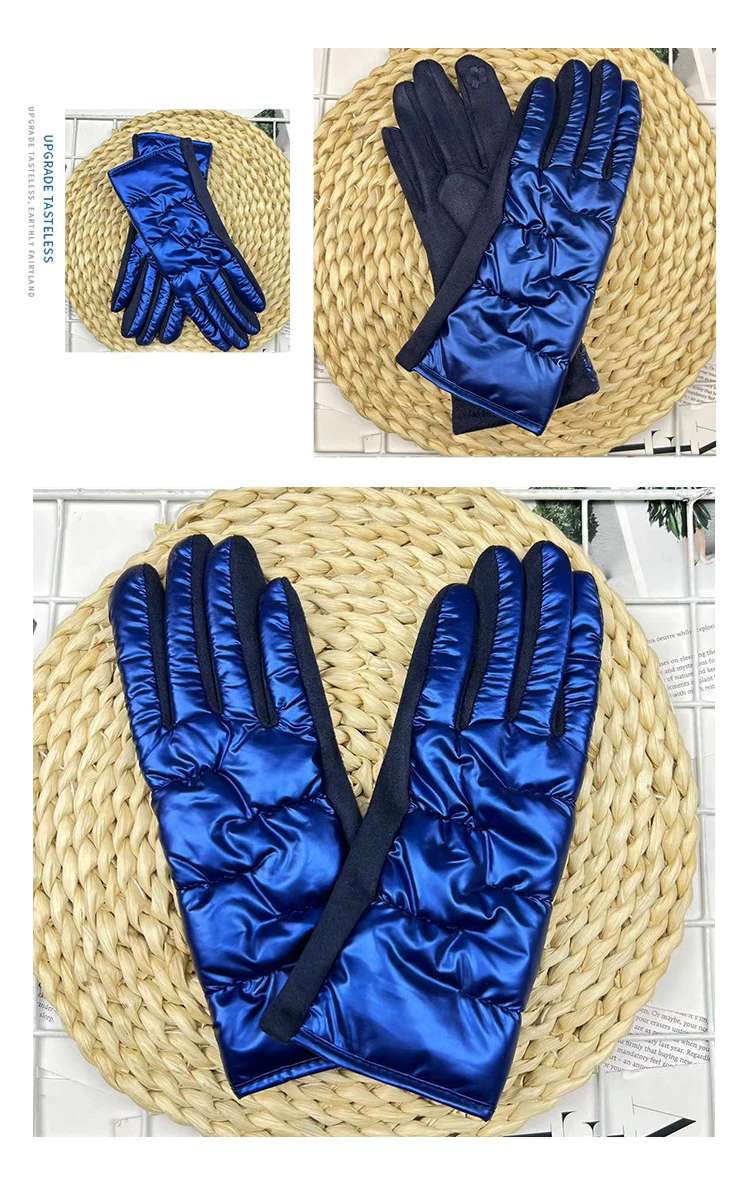 Winter Women Fashion Luxury Waterproof Keep Warm Touch Screen Down Cloth Suede Soft Splicing Gloves Elasticity Drive Cycling