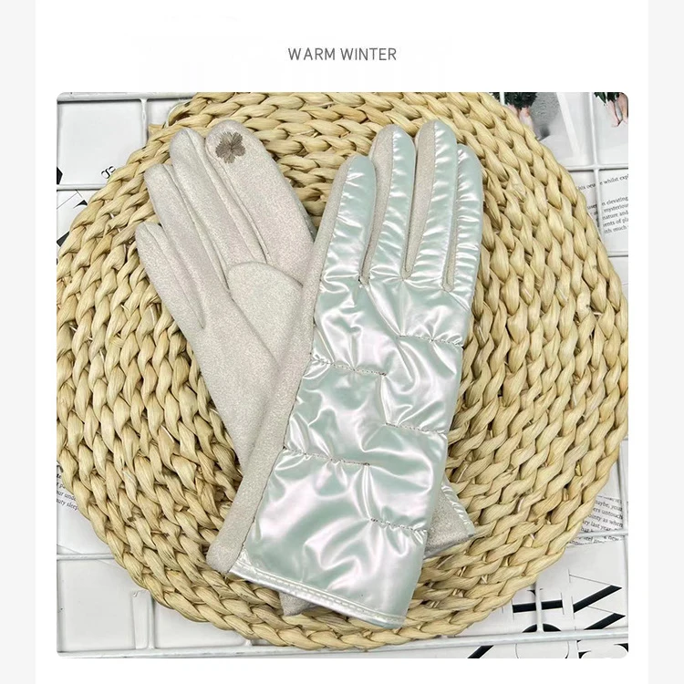 Winter Women Fashion Luxury Waterproof Keep Warm Touch Screen Down Cloth Suede Soft Splicing Gloves Elasticity Drive Cycling