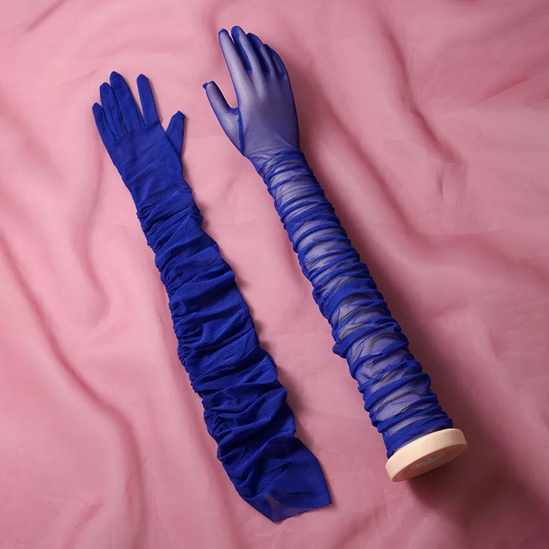 70CM Sexy Mesh Folds Ruffles Long Gloves Multicolored High Elasticity Elegant Women ’s Accessories Opera Bride Wedding