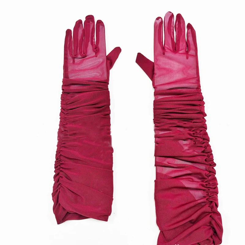 70CM Sexy Mesh Folds Ruffles Long Gloves Multicolored High Elasticity Elegant Women ’s Accessories Opera Bride Wedding