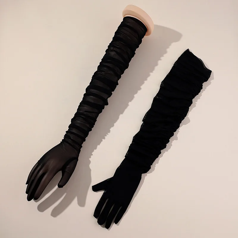 70CM Sexy Mesh Folds Ruffles Long Gloves Multicolored High Elasticity Elegant Women ’s Accessories Opera Bride Wedding