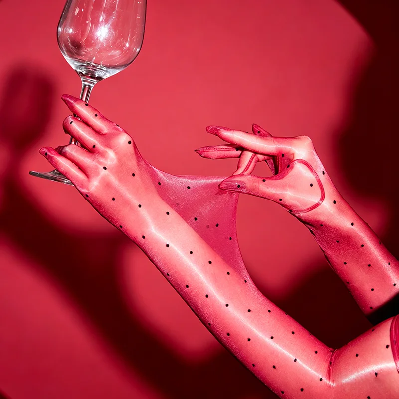 Fashion Retro Aurora Dot Oil Shiny Glossy Thin Women Sexy Five Finger Long Gloves Wedding Party Elastic Tight Stockings Mittens