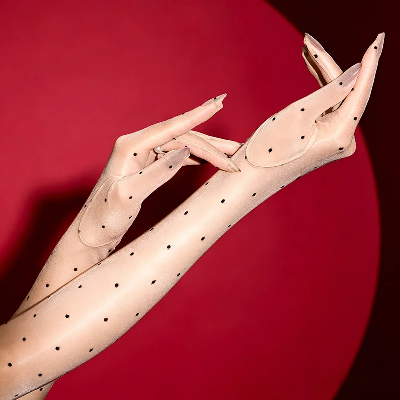 Fashion Retro Aurora Dot Oil Shiny Glossy Thin Women Sexy Five Finger Long Gloves Wedding Party Elastic Tight Stockings Mittens