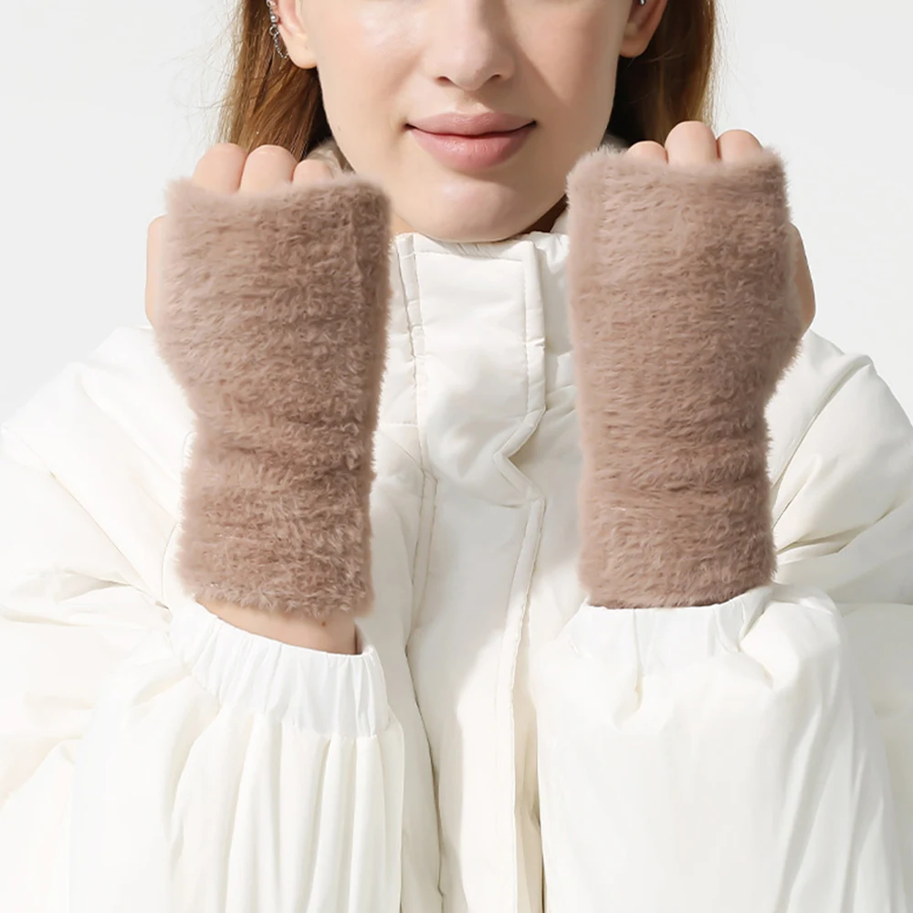 Women Knitted Gloves Half Finger Faux Rabbit Fur Mittens Plush Glove Winter Warm Lady Fingerless Gloves Touch Screen Work Gloves