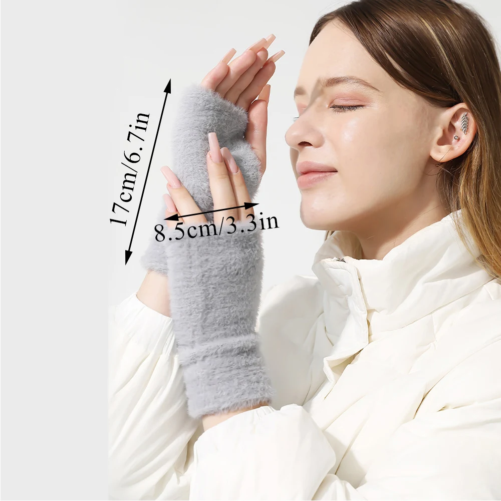 Women Knitted Gloves Half Finger Faux Rabbit Fur Mittens Plush Glove Winter Warm Lady Fingerless Gloves Touch Screen Work Gloves