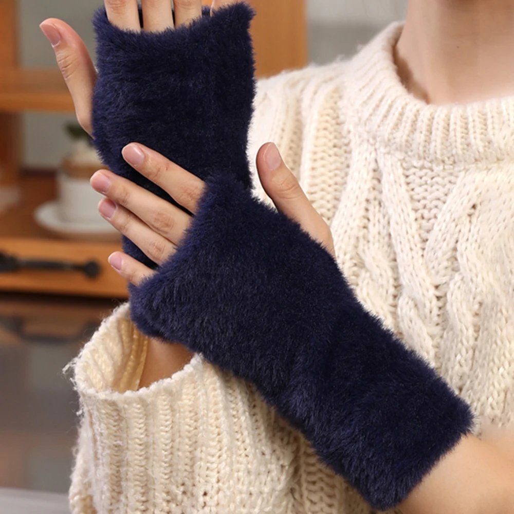 Women Knitted Gloves Half Finger Faux Rabbit Fur Mittens Plush Glove Winter Warm Lady Fingerless Gloves Touch Screen Work Gloves