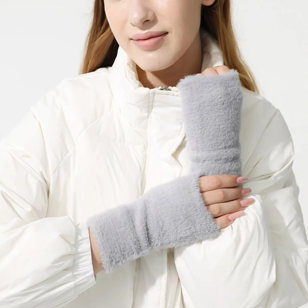 Women Knitted Gloves Half Finger Faux Rabbit Fur Mittens Plush Glove Winter Warm Lady Fingerless Gloves Touch Screen Work Gloves