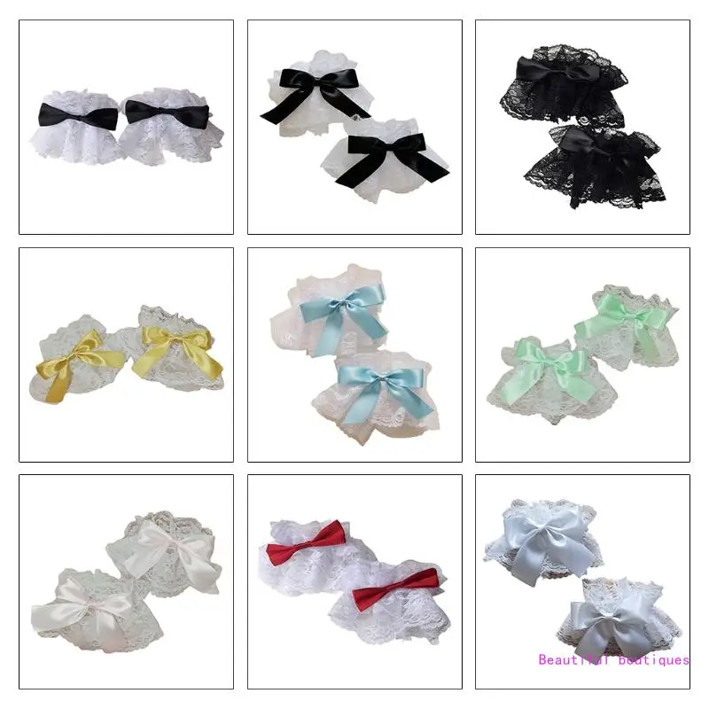 Gothic Lolita Wrist Cuffs Satin Bow Ruffles Lace Bracelet Wristband Hand Sleeves DropShip