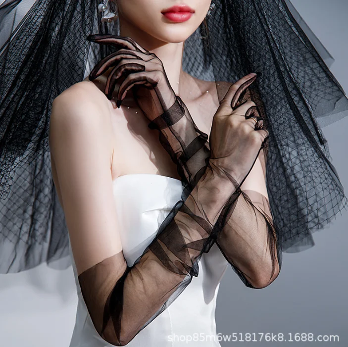 Women Ultra Tulle Gloves Mesh Sheers Full Finger Elbow Long Gloves Vintage Sunscreen Gloves Wedding Bride Dress Mittens
