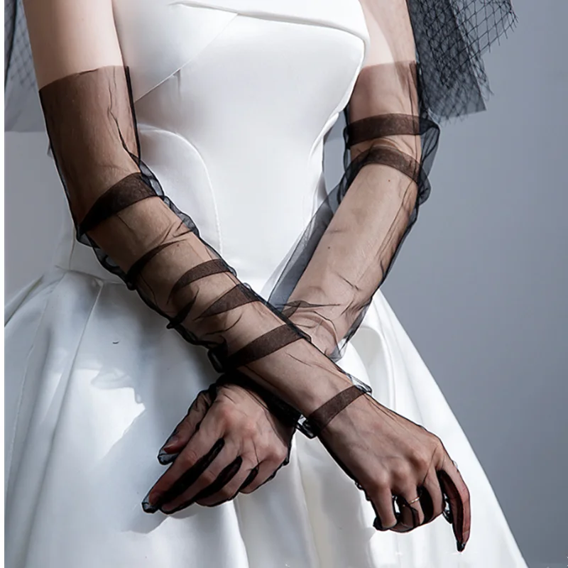 Women Ultra Tulle Gloves Mesh Sheers Full Finger Elbow Long Gloves Vintage Sunscreen Gloves Wedding Bride Dress Mittens