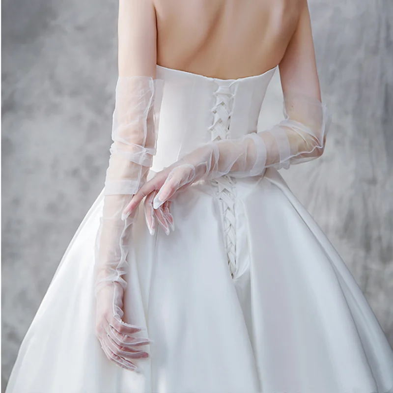 Women Ultra Tulle Gloves Mesh Sheers Full Finger Elbow Long Gloves Vintage Sunscreen Gloves Wedding Bride Dress Mittens