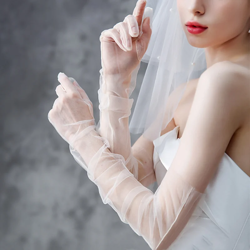 Women Ultra Tulle Gloves Mesh Sheers Full Finger Elbow Long Gloves Vintage Sunscreen Gloves Wedding Bride Dress Mittens