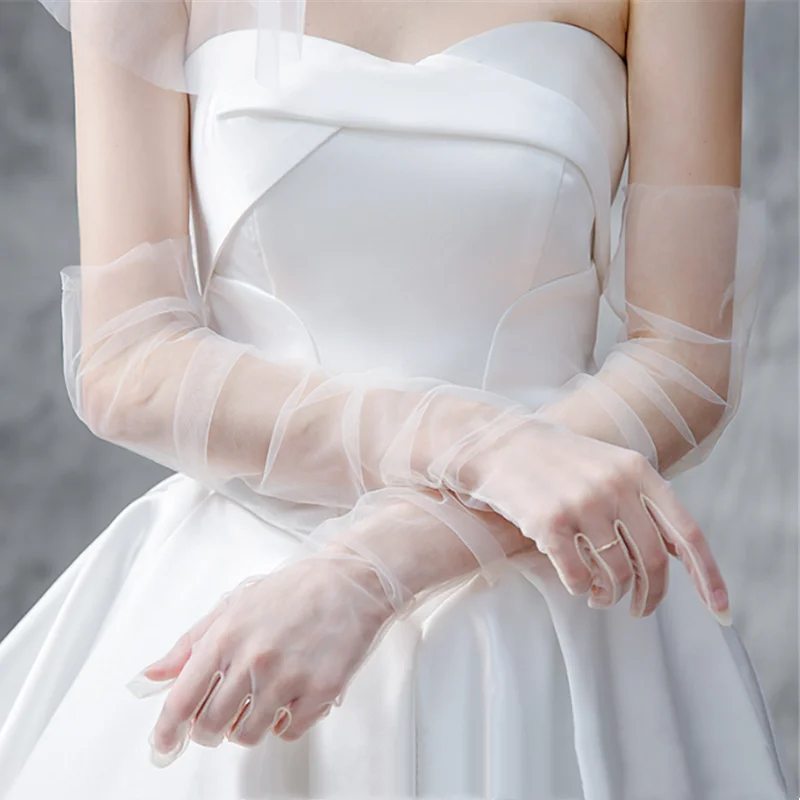 Women Ultra Tulle Gloves Mesh Sheers Full Finger Elbow Long Gloves Vintage Sunscreen Gloves Wedding Bride Dress Mittens