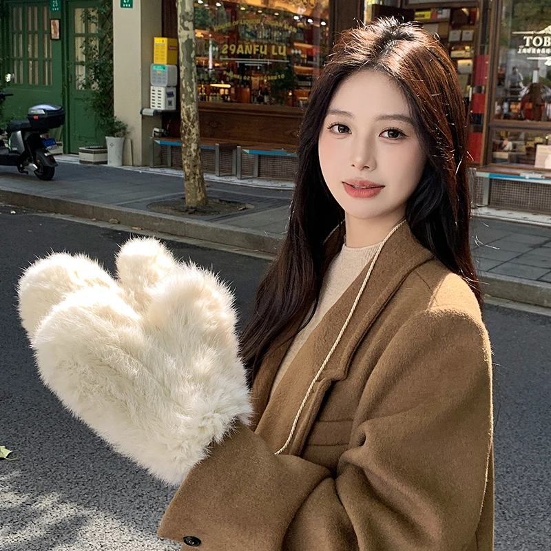 Winter Women Real Rabbit Fur Gloves 100% Natural Thick Style Rabbit Fur Mittens Outdoor Girls Keep Warm Hand Knitted Fur Glove