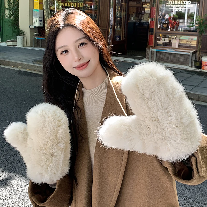 Winter Women Real Rabbit Fur Gloves 100% Natural Thick Style Rabbit Fur Mittens Outdoor Girls Keep Warm Hand Knitted Fur Glove