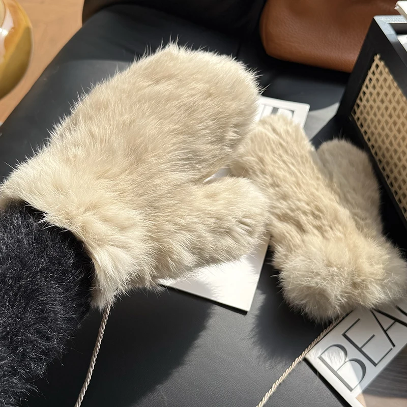 Winter Women Real Rabbit Fur Gloves 100% Natural Thick Style Rabbit Fur Mittens Outdoor Girls Keep Warm Hand Knitted Fur Glove