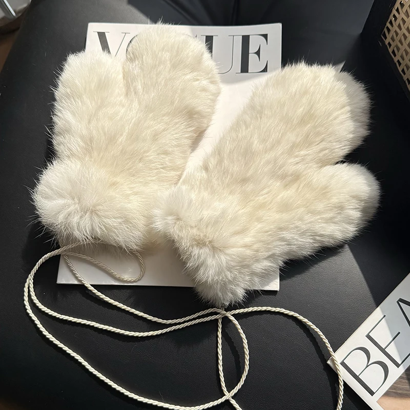 Winter Women Real Rabbit Fur Gloves 100% Natural Thick Style Rabbit Fur Mittens Outdoor Girls Keep Warm Hand Knitted Fur Glove