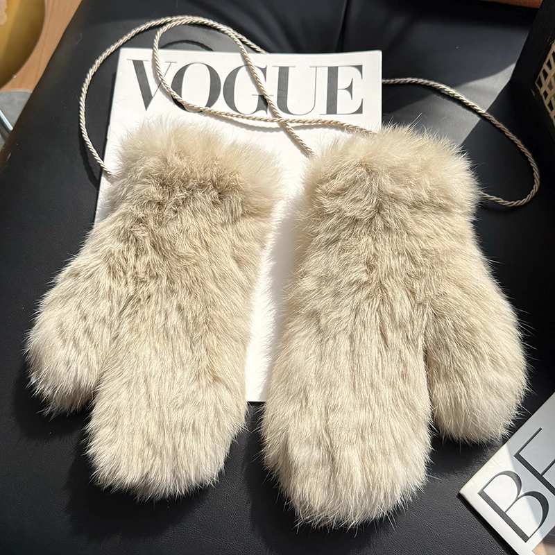 Winter Women Real Rabbit Fur Gloves 100% Natural Thick Style Rabbit Fur Mittens Outdoor Girls Keep Warm Hand Knitted Fur Glove