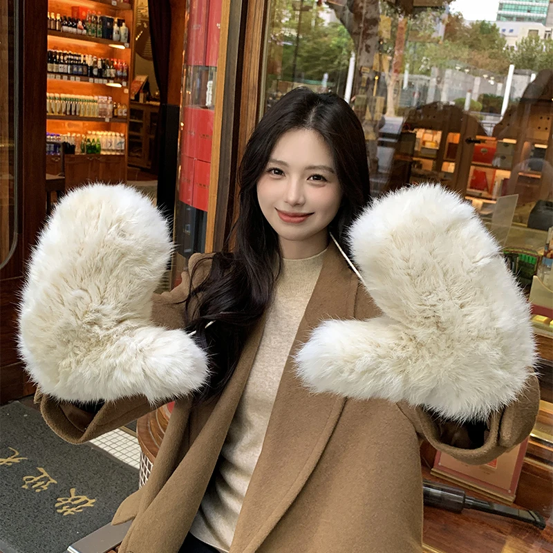 Winter Women Real Rabbit Fur Gloves 100% Natural Thick Style Rabbit Fur Mittens Outdoor Girls Keep Warm Hand Knitted Fur Glove