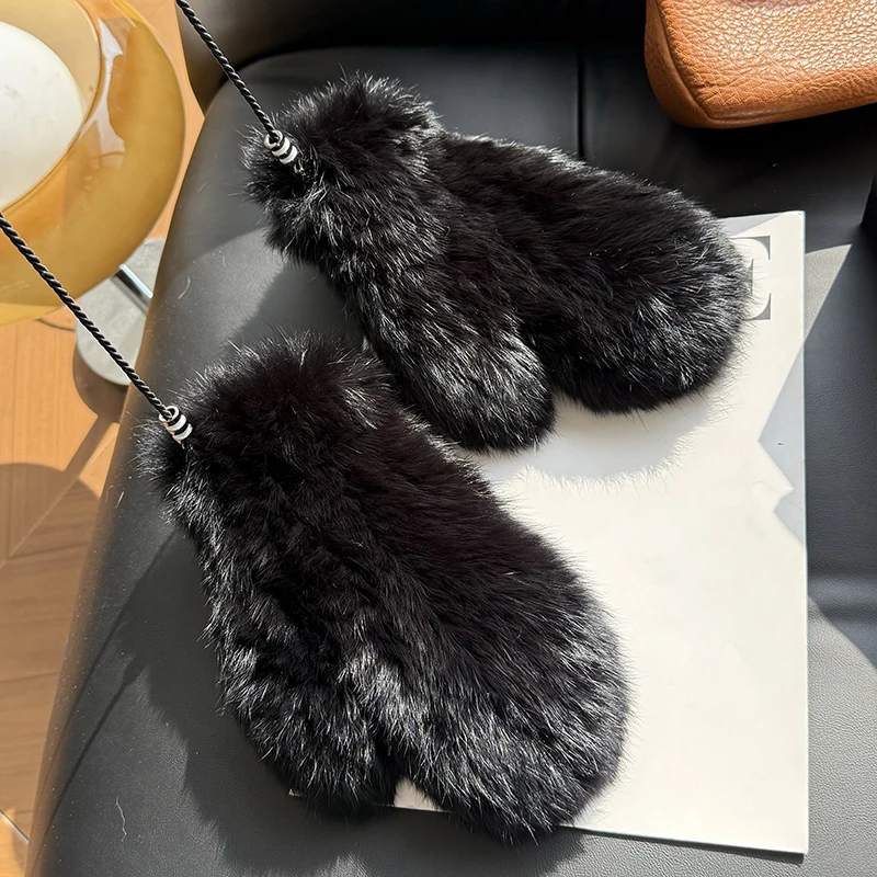 Winter Women Real Rabbit Fur Gloves 100% Natural Thick Style Rabbit Fur Mittens Outdoor Girls Keep Warm Hand Knitted Fur Glove