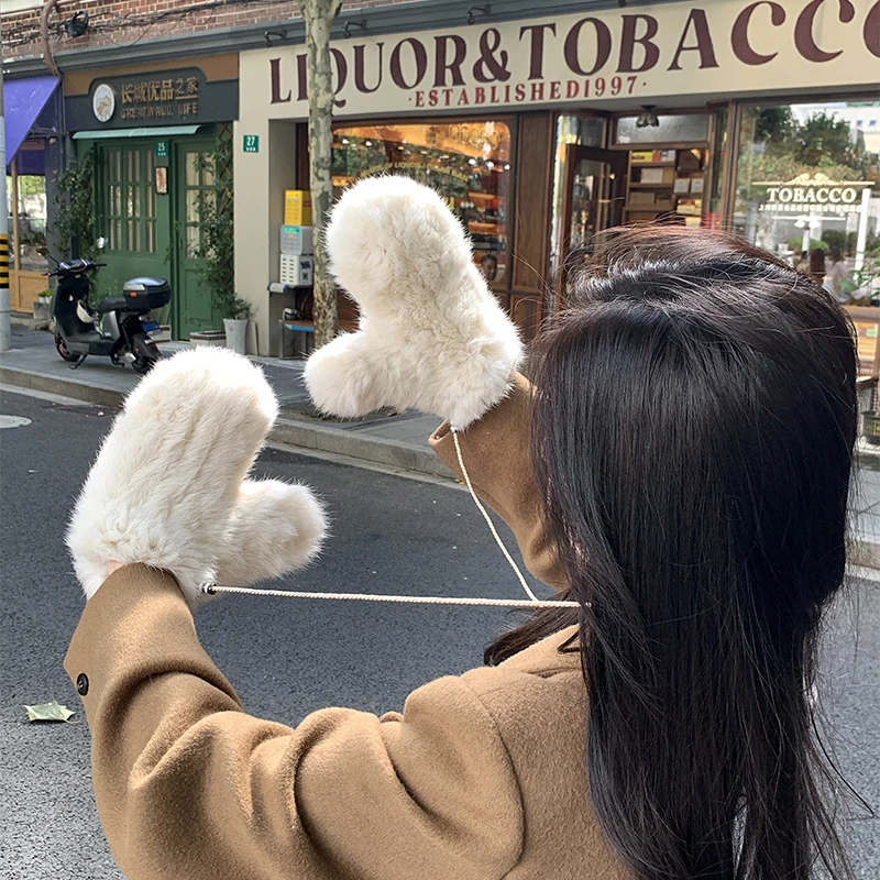 Winter Women Real Rabbit Fur Gloves 100% Natural Thick Style Rabbit Fur Mittens Outdoor Girls Keep Warm Hand Knitted Fur Glove