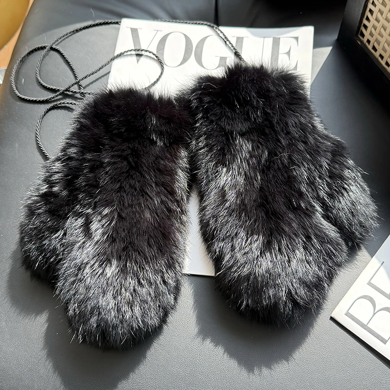 Winter Women Real Rabbit Fur Gloves 100% Natural Thick Style Rabbit Fur Mittens Outdoor Girls Keep Warm Hand Knitted Fur Glove