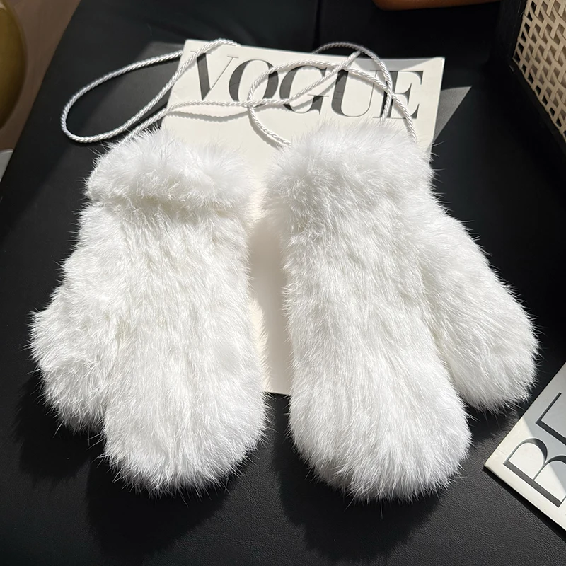 Winter Women Real Rabbit Fur Gloves 100% Natural Thick Style Rabbit Fur Mittens Outdoor Girls Keep Warm Hand Knitted Fur Glove