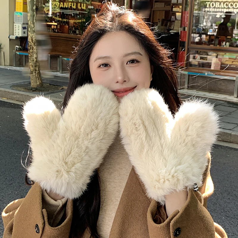 Winter Women Real Rabbit Fur Gloves 100% Natural Thick Style Rabbit Fur Mittens Outdoor Girls Keep Warm Hand Knitted Fur Glove