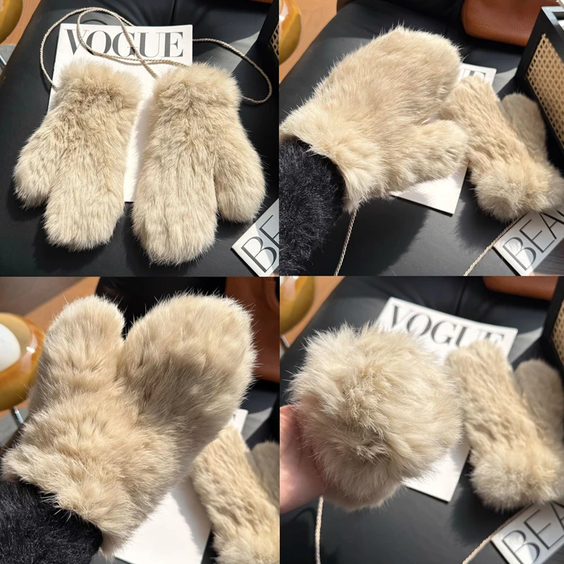 Winter Women Real Rabbit Fur Gloves 100% Natural Thick Style Rabbit Fur Mittens Outdoor Girls Keep Warm Hand Knitted Fur Glove