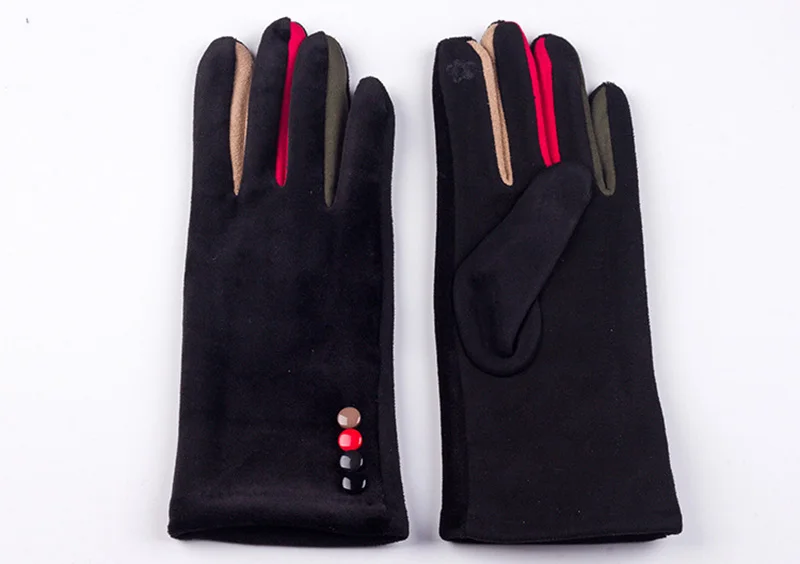 Autumn Winter Female Button Suede Leather Velvet Cashmere Full Finger Warm Bow Glove Women Embroidery Touch Screen Mitten F9