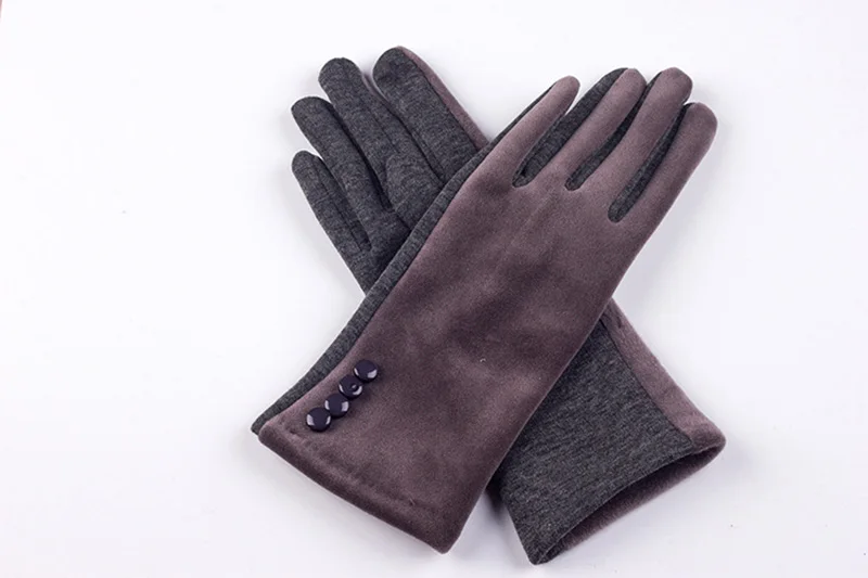 Autumn Winter Female Button Suede Leather Velvet Cashmere Full Finger Warm Bow Glove Women Embroidery Touch Screen Mitten F9