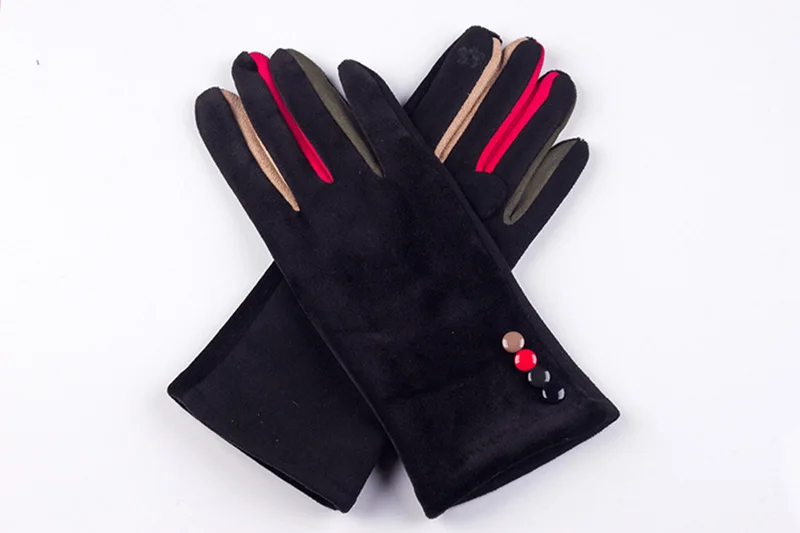 Autumn Winter Female Button Suede Leather Velvet Cashmere Full Finger Warm Bow Glove Women Embroidery Touch Screen Mitten F9