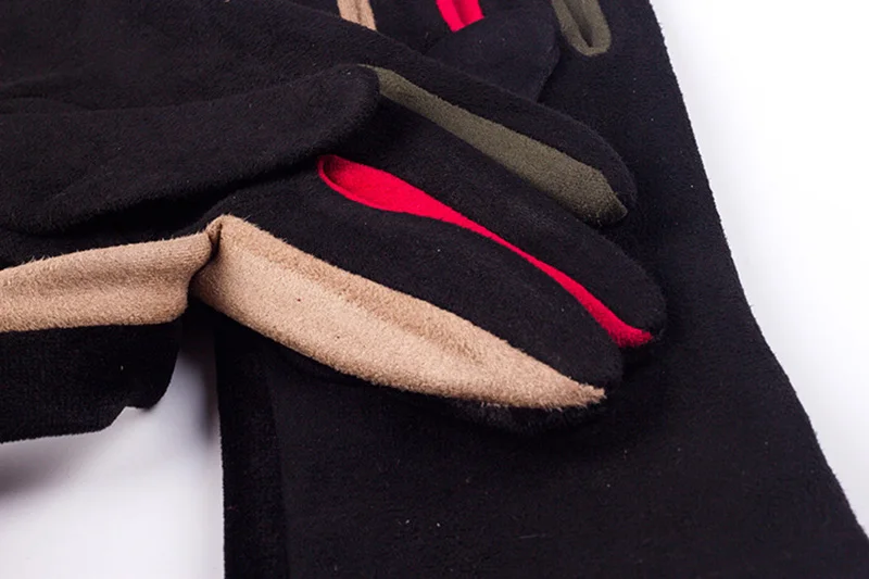 Autumn Winter Female Button Suede Leather Velvet Cashmere Full Finger Warm Bow Glove Women Embroidery Touch Screen Mitten F9