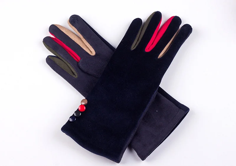 Autumn Winter Female Button Suede Leather Velvet Cashmere Full Finger Warm Bow Glove Women Embroidery Touch Screen Mitten F9
