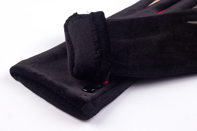 Autumn Winter Female Button Suede Leather Velvet Cashmere Full Finger Warm Bow Glove Women Embroidery Touch Screen Mitten F9