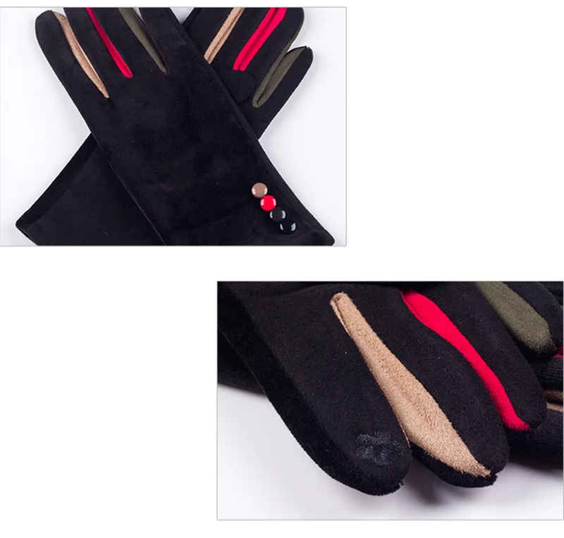 Autumn Winter Female Button Suede Leather Velvet Cashmere Full Finger Warm Bow Glove Women Embroidery Touch Screen Mitten F9
