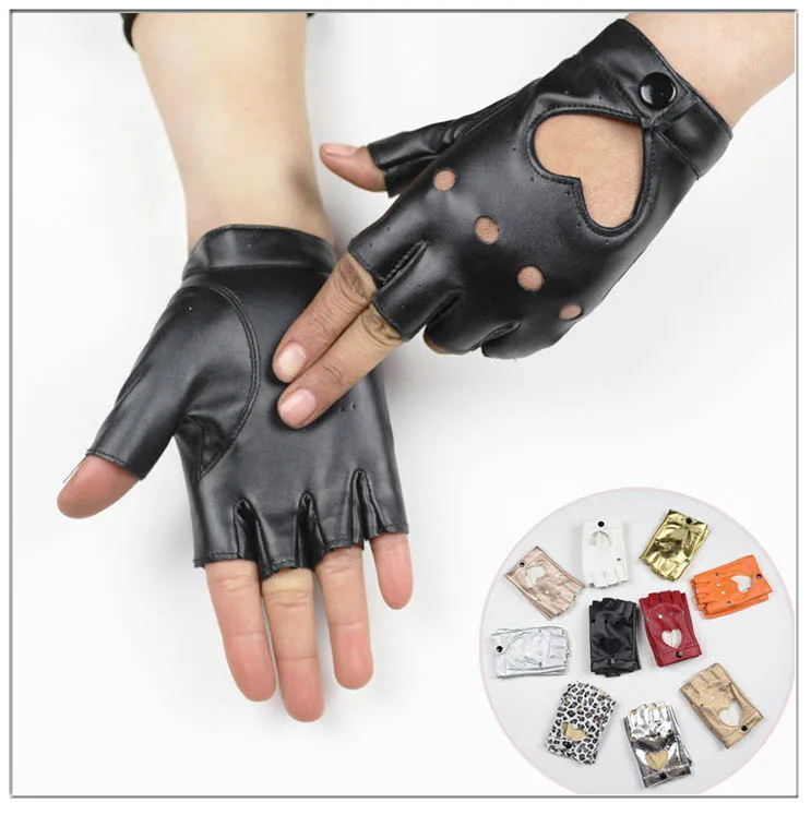 HOOLDW New Cycling Fingerless Gloves Fashion Women PU Leather Gloves Dancing Party Show Costume Breathable Half Finger Mittens